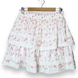 Tuckernuck Hyacinth House Floral Mini Skirt Medium white pink ruffle lace tiered